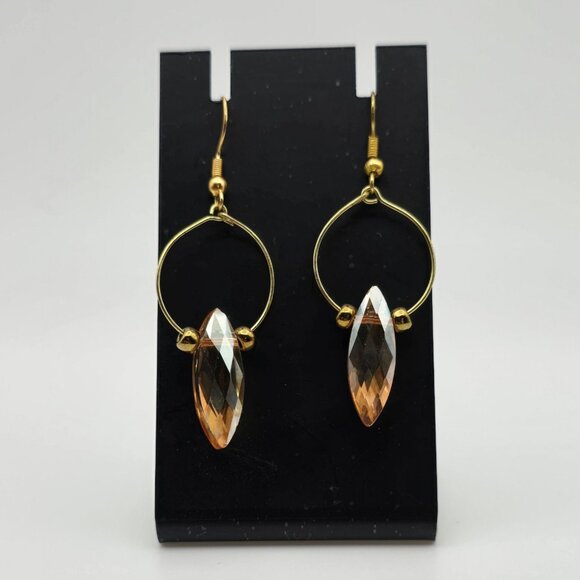 Boho Fairycore Whimsigoth Pink Geometric Bead Hoop Gold Tone Hook Post Earrings - Picture 1 of 8